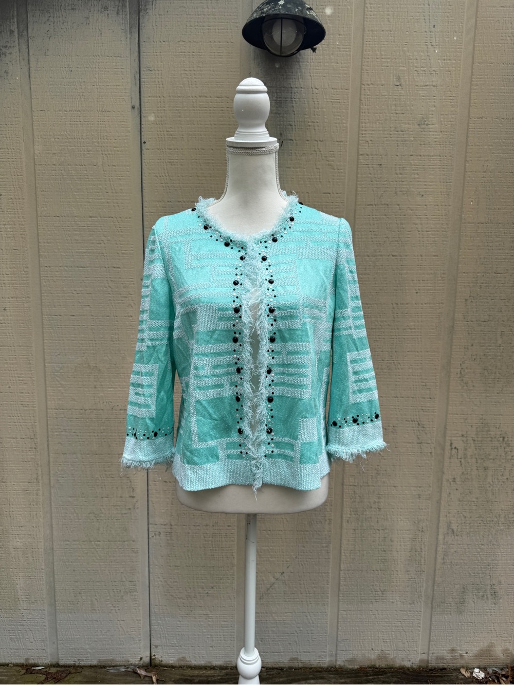 Ming Wang Mint Green Fringe Cardigan with Black Bead Accents